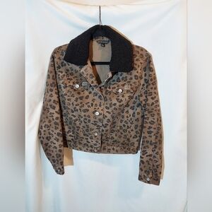 Rock & Republic Leopard Print Jean Jacket with Removable Black Sherpa Collar